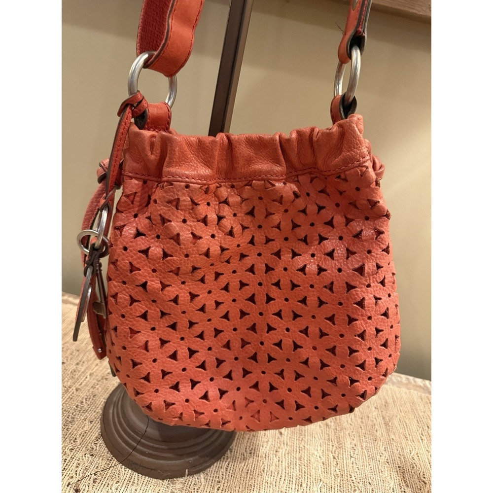 Fossil Orange Flower Cut Out Bag Drawstring Boho ‎ Bag Crossbody Purse Leather
